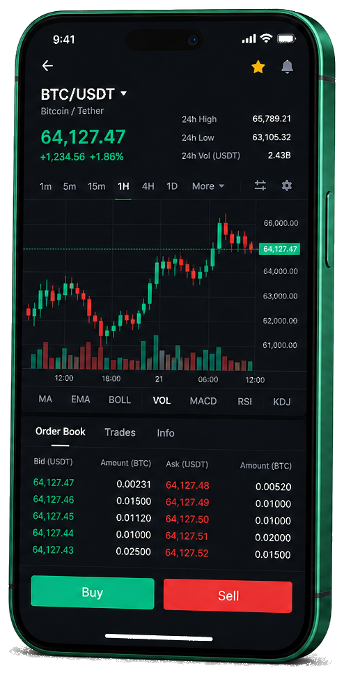 Flint Fundthorn mobile application — live BTC/USDT charts, order book, and trading functionalities